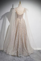 Champagne Tulle Sequins Long Prom Dress, Shiny A-Line Party Dress