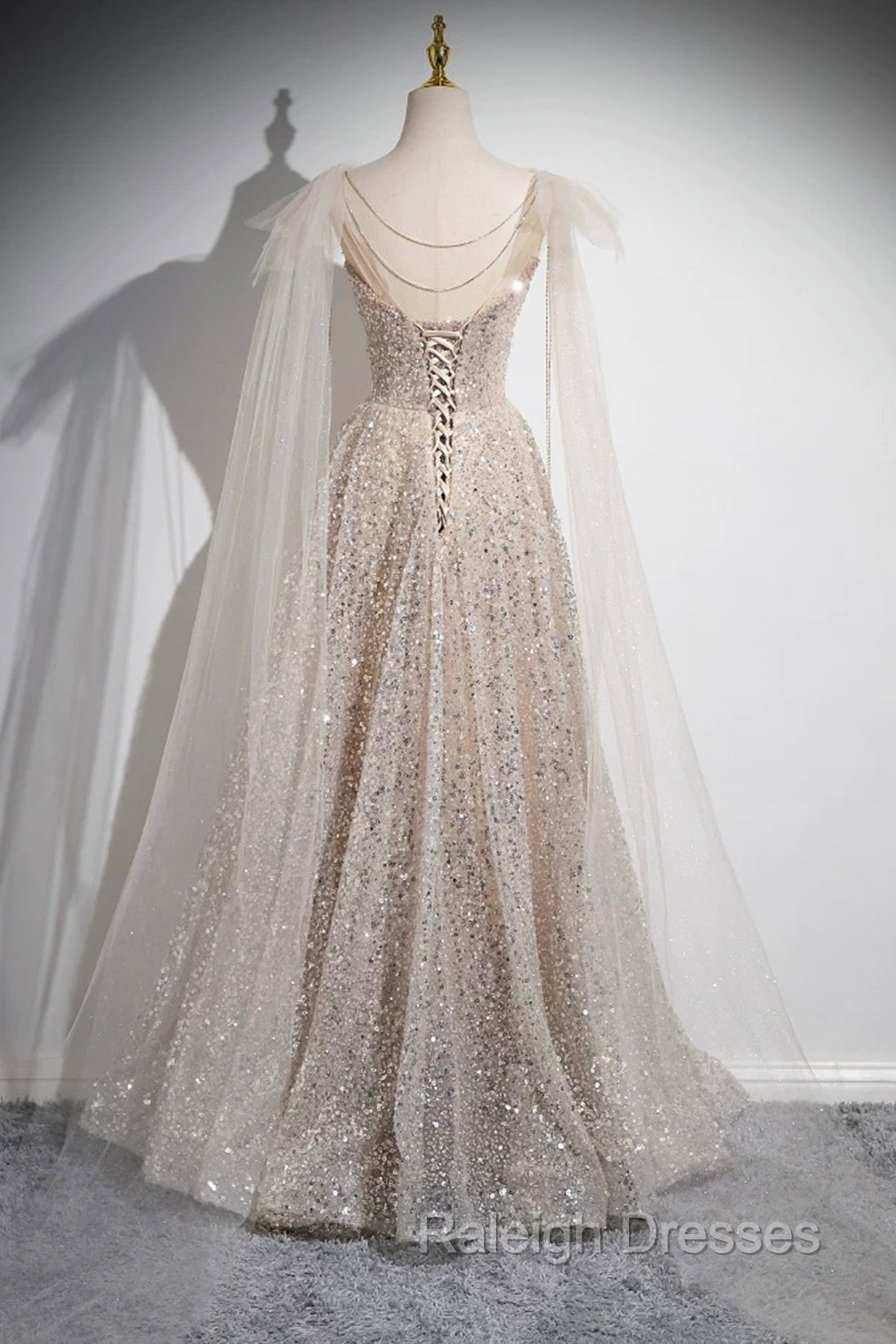 Champagne Tulle Sequins Long Prom Dress, Shiny A-Line Party Dress