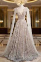 Champagne Tulle Sequins Long Prom Dress, Shiny A-Line Party Dress