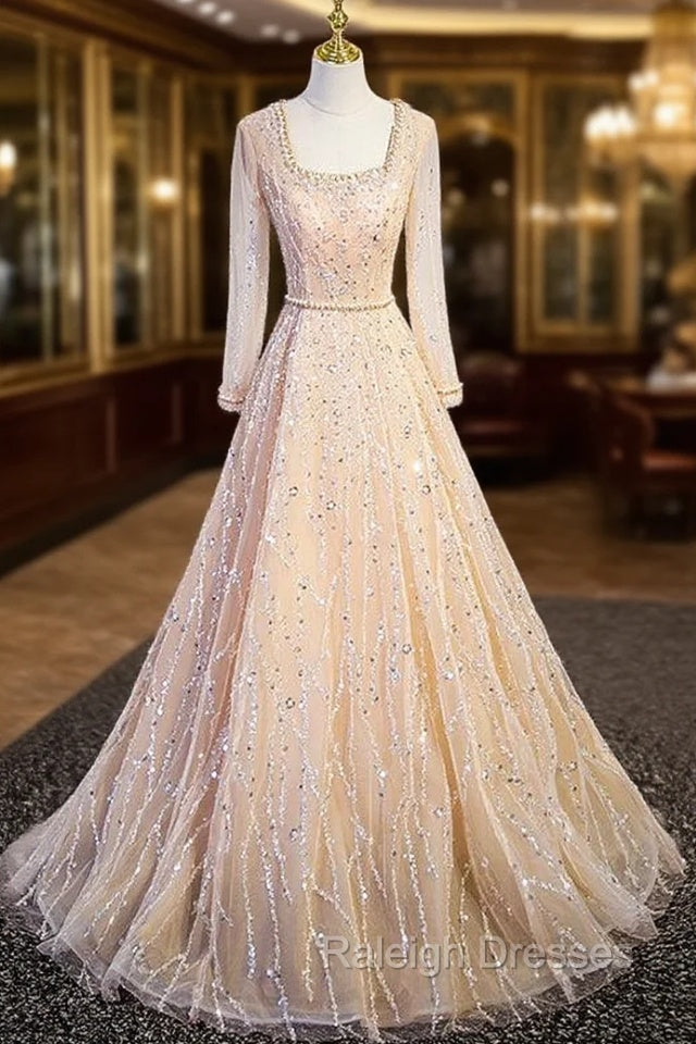 Champagne Tulle Sequins Long Sleeve Prom Dress Main image