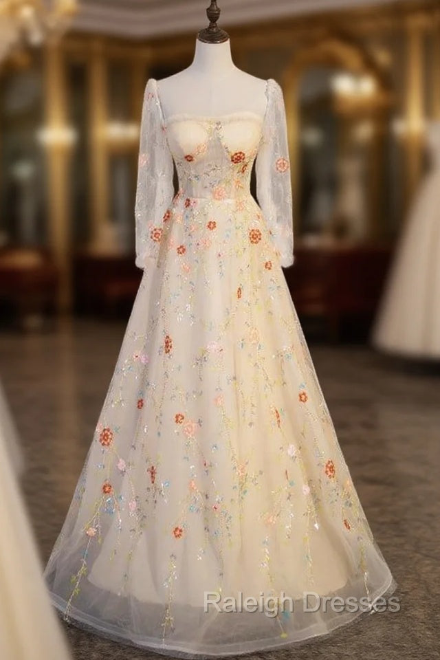 Champagne Tulle Sequins Long Sleeve Square Prom Dress Main image