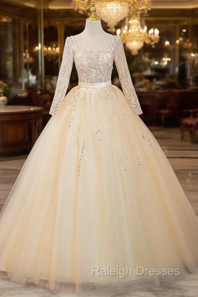 Champagne Tulle Sequins Long Sleeve Square Quinceanera Dress Main image