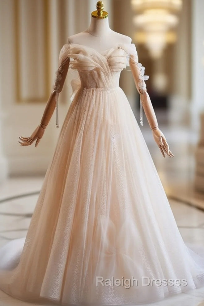 Champagne Tulle Sequins Off the Shoulder Butterfly Prom Dress Main image