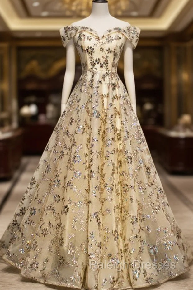 Champagne Tulle Sequins Off the Shoulder Prom Dress Main image