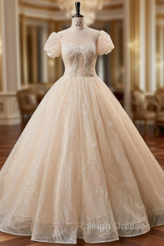 Champagne Tulle Sequins Puff Sleeve Backless Quinceanera Dress
