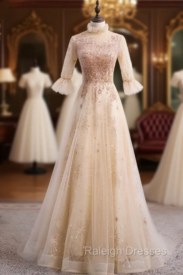 Champagne Tulle Sequins Short Sleeve Beading Prom Dress