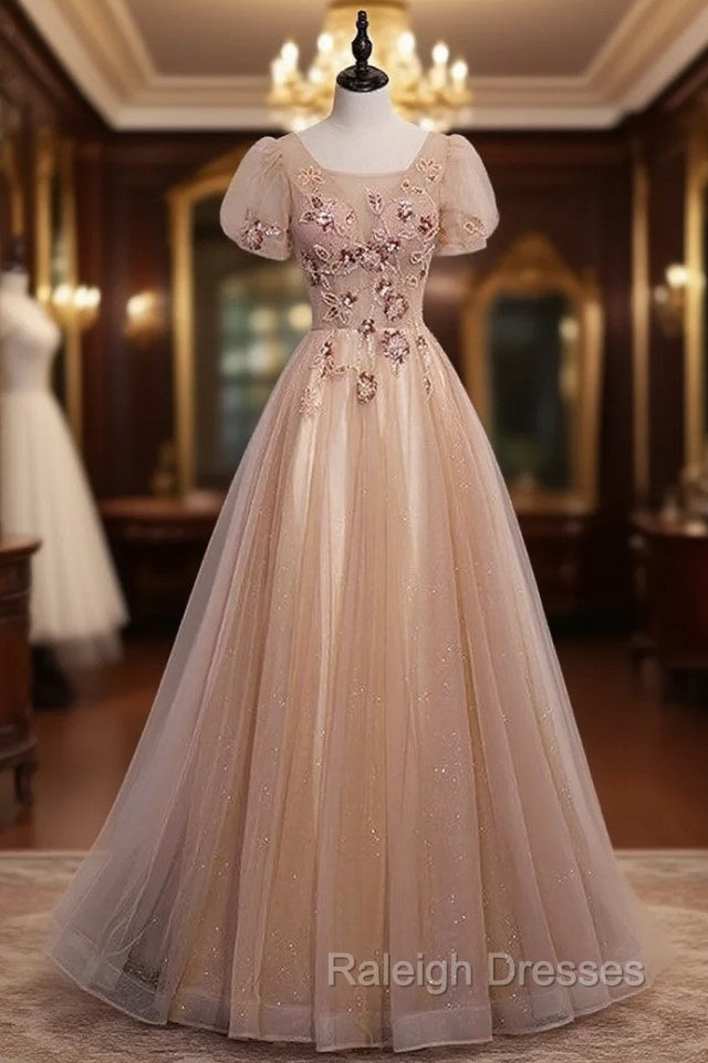 Champagne Tulle Sequins Short Sleeve Beading Sequins Prom Dress Main image