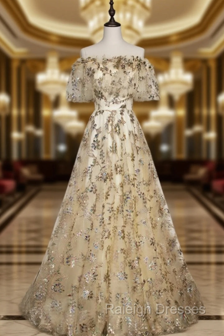 Champagne Tulle Sequins Short Sleeve Prom Dress