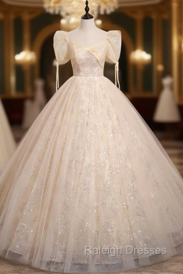 Champagne Tulle Sequins Short Sleeve Quinceanera Dress Main image