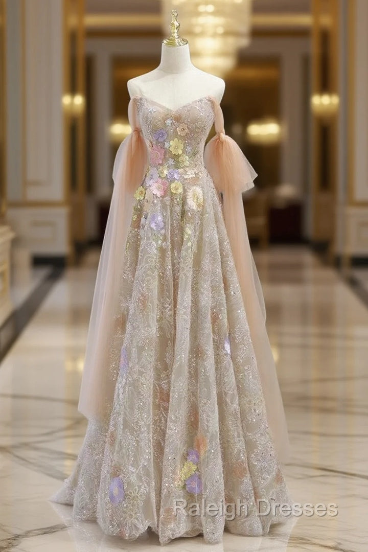 Champagne Tulle Sequins Strapless Appliques Prom Dres Main image