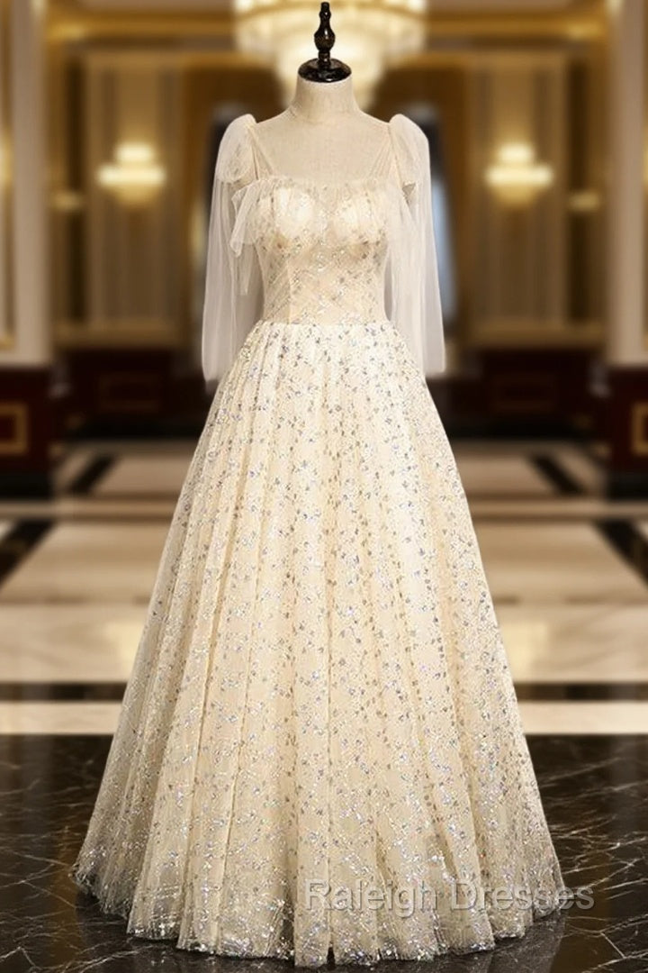 Champagne Tulle Sequins Straps Prom Dress Main image