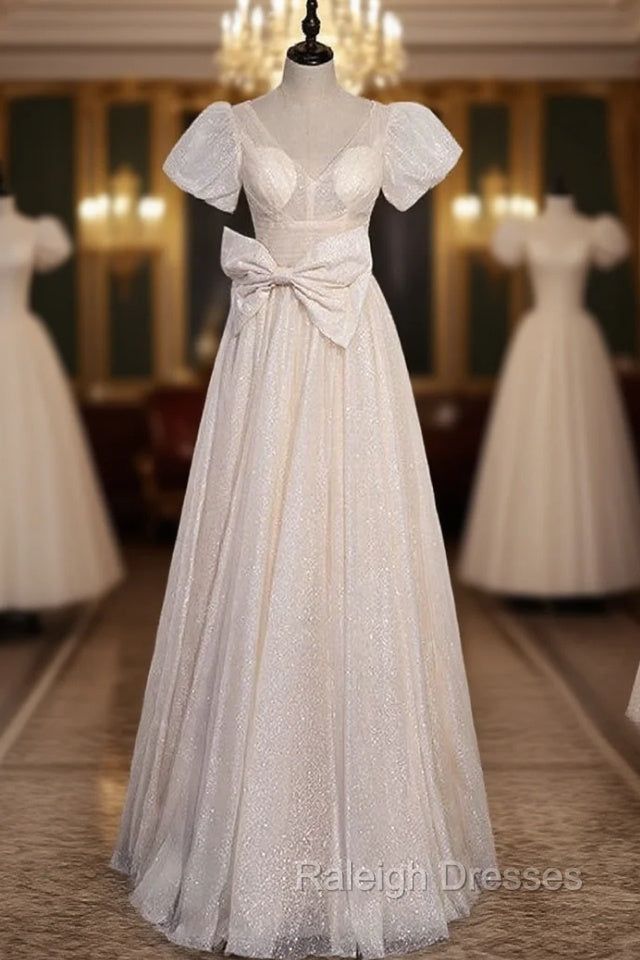 Champagne Tulle Sequins V-neck Bow Prom Dress