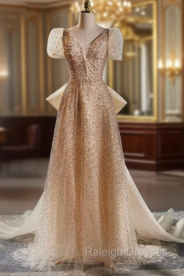 Champagne Tulle Sequins V-neck Short Sleeve Prom Dress