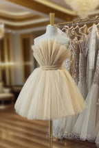 Champagne Tulle Short A-Line Prom Dress, Lovely Strapless Party Dress