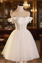 Champagne Tulle Short A Line Prom Dress, Off the Shoulder Prom Prom Dress