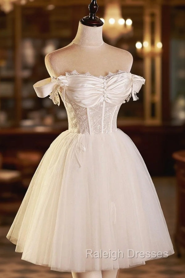Champagne Tulle Short A Line Prom Dress, Off the Shoulder Prom Prom Dress