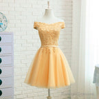 Champagne Tulle Short Lace Applique Bridesmaid Dress, Short Prom Dress Homecoming Dress