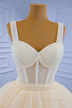 Champagne Tulle Short Prom Dress with Beaded, A Line Tea Length Prom Dress