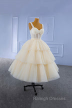 Champagne Tulle Short Prom Dress with Beaded, A-Line Tea Length Party Dress