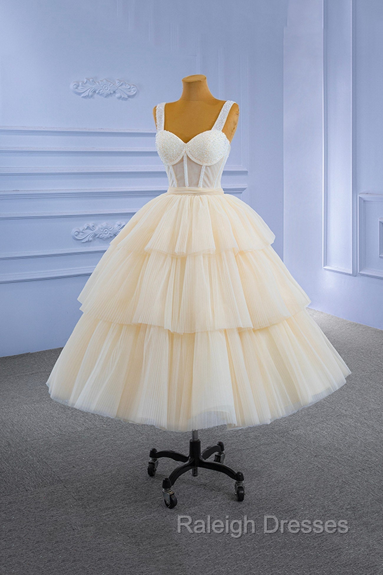 Champagne Tulle Short Prom Dress with Beaded, A Line Tea Length Prom Dress Main image