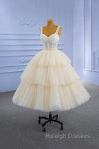 Champagne Tulle Short Prom Dress with Beaded, A Line Tea Length Prom Dress