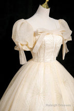 Champagne Tulle Short Sleeve Floor Length Prom Dress, Beautiful A-Line Evening Party Dress