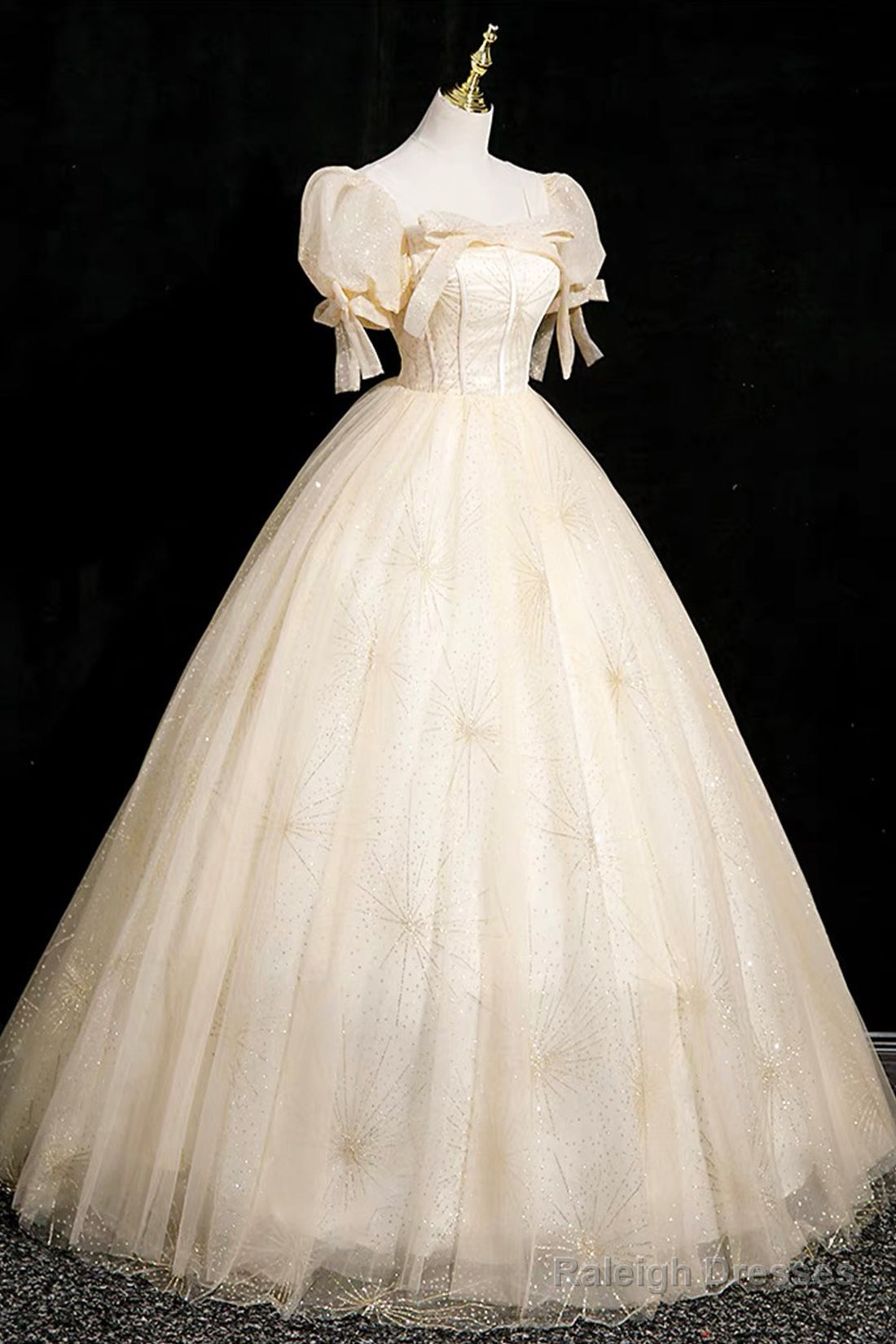 Champagne Tulle Short Sleeve Floor Length Prom Dress, Beautiful A-Line Evening Party Dress