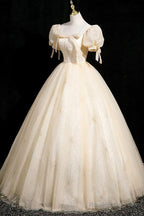 Champagne Tulle Short Sleeve Floor Length Prom Dress, Beautiful A-Line Evening Party Dress