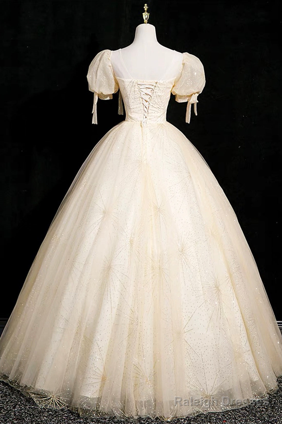 Champagne Tulle Short Sleeve Floor Length Prom Dress, Beautiful A-Line Evening Party Dress