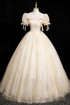 Champagne Tulle Short Sleeve Floor Length Prom Dresses Beautiful A-Line Prom Dresses