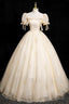 Champagne Tulle Short Sleeve Floor Length Prom Dresses Beautiful A-Line Prom Dresses