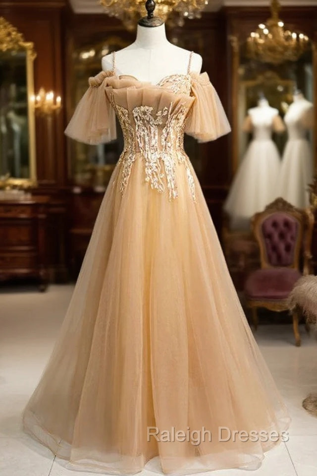 Champagne Tulle Spaghetti Straps Beading Prom Dress Main image