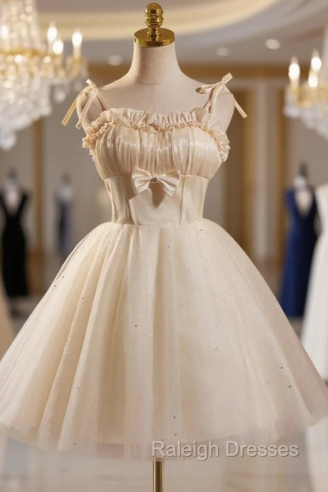 Champagne Tulle Spaghetti Straps Bow Homecoming Dress Main image