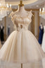 Champagne Tulle Spaghetti Straps Bow Homecoming Dress