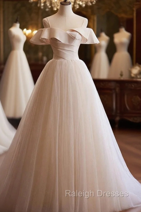 Champagne Tulle Spaghetti Straps Pleats Wedding Dress Main image