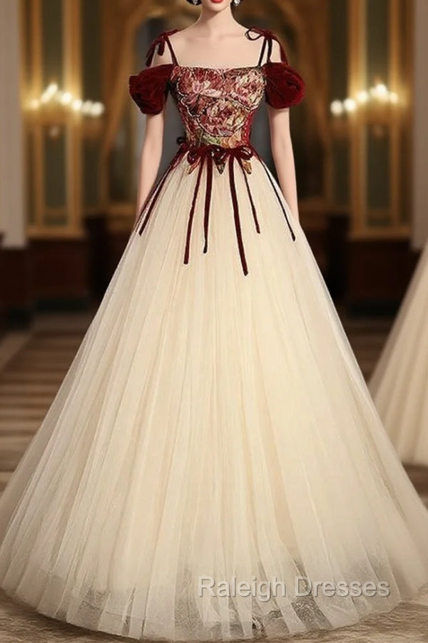 Champagne Tulle Spaghetti Straps Prom Dress