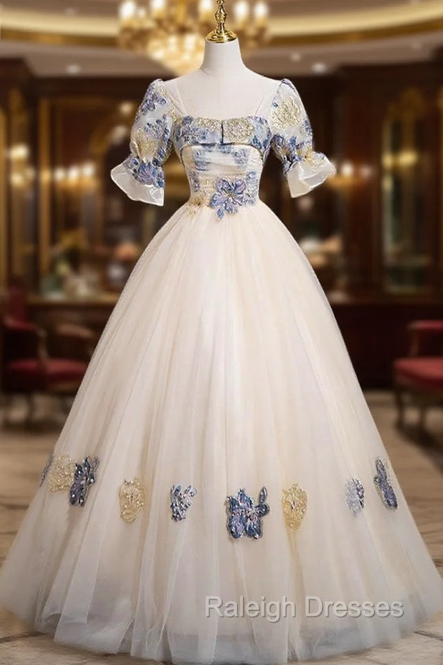 Champagne Tulle Square Neck Short Sleeve Quinceanera Dress Main image