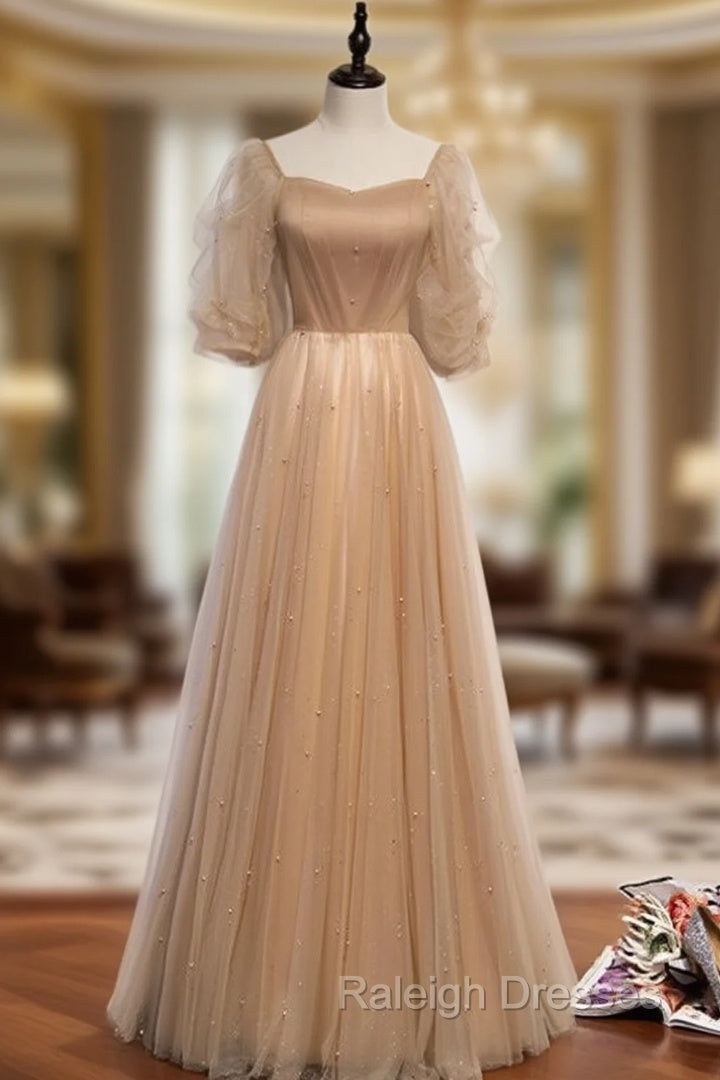 Champagne Tulle Square Puff Sleeve Pearls Prom Dress Main image