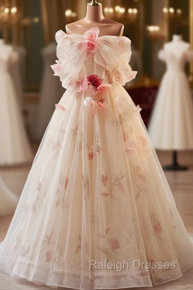 Champagne Tulle Strapless Flower Prom Dress Main image