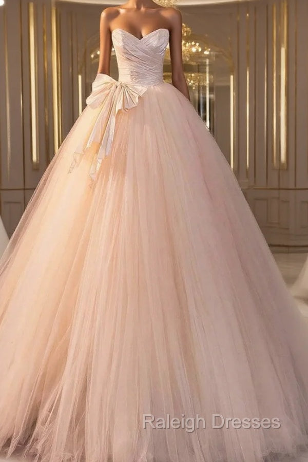 Champagne Tulle Strapless Pleats Bow Wedding Dress Main image