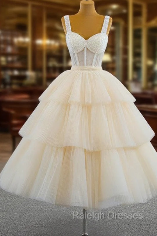Champagne Tulle Straps Tiers Beading Short Prom Dress Main image