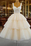 Champagne Tulle Straps Tiers Beading Short Prom Dress