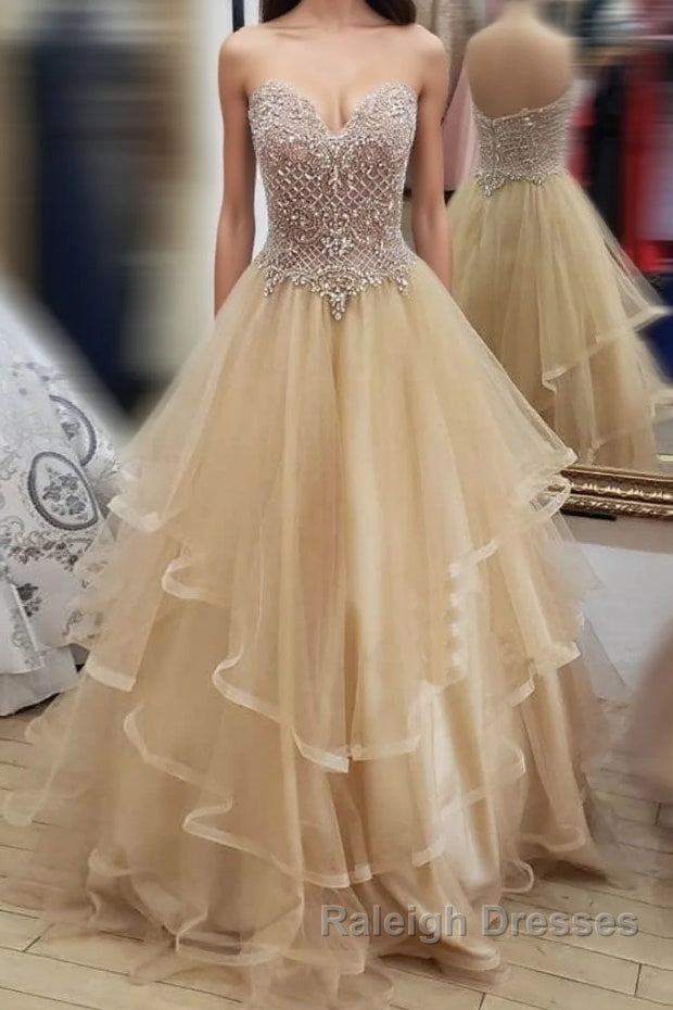 Champagne tulle sweetheart long prom dress, champagne evening dress Main image