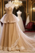 Champagne Tulle Sweetheart Straps Long Ball Gowns Prom Dresses, Champagne Prom Dresses