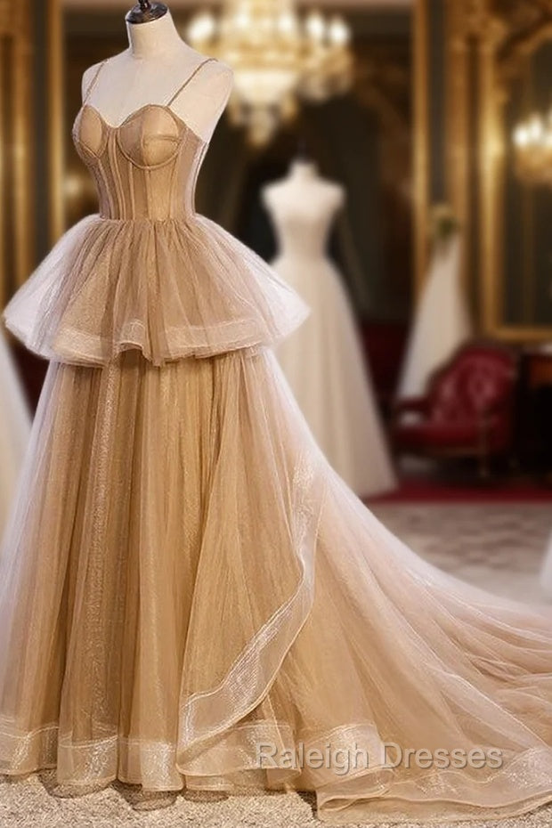 Champagne Tulle Sweetheart Straps Long Ball Gowns Prom Dresses, Champagne Prom Dresses