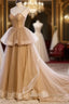 Champagne Tulle Sweetheart Straps Long Ball Gowns Prom Dresses, Champagne Prom Dresses