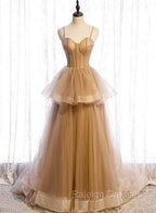 Champagne Tulle Sweetheart Straps Long Ball Gowns Prom Dresses, Champagne Prom Dresses