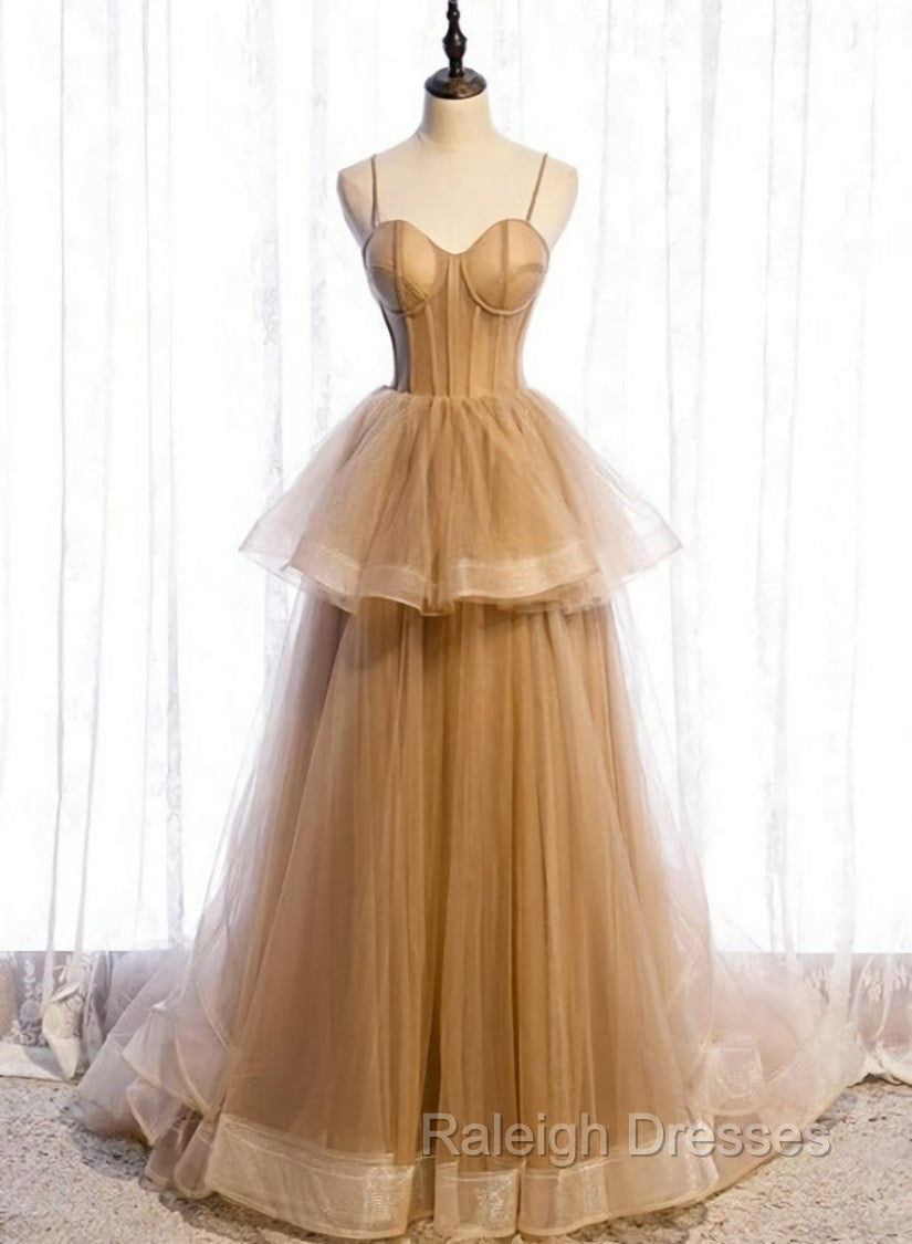 Champagne Tulle Sweetheart Straps Long Ball Gowns Prom Dresses, Champagne Prom Dresses