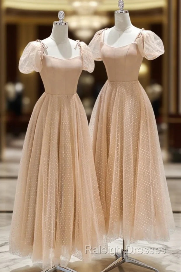 Champagne Tulle Tea Length Prom Dress, Cute Short Sleeve Evening Dress Main image