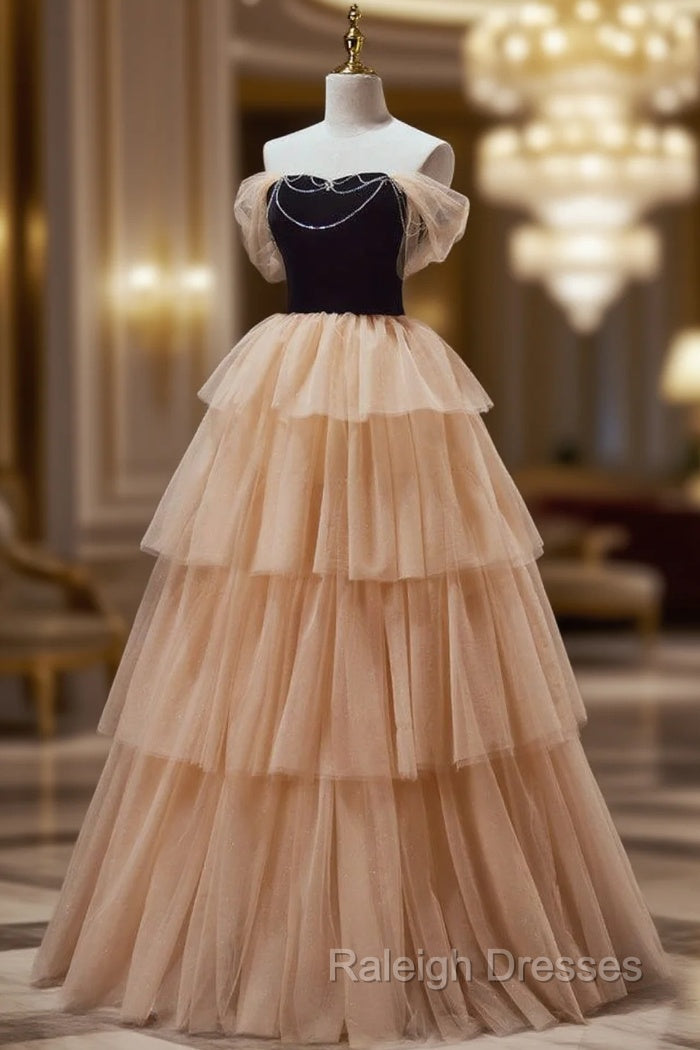 Champagne Tulle Tiers Beading Prom Dress